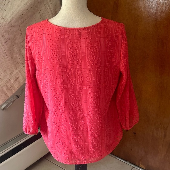 Talbots Top 3/4 Sleeve Sheer Lined Rose Pink Blouse SZ Med 3-Button Front Tunic - Picture 3 of 16